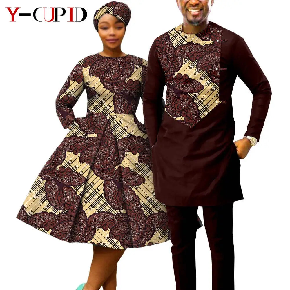 African Print Dresses for Women with Headwrap Matching Couple Outfits Dashiki Men Long Sleeve Pathwork Top and Pant Sets Y23C004