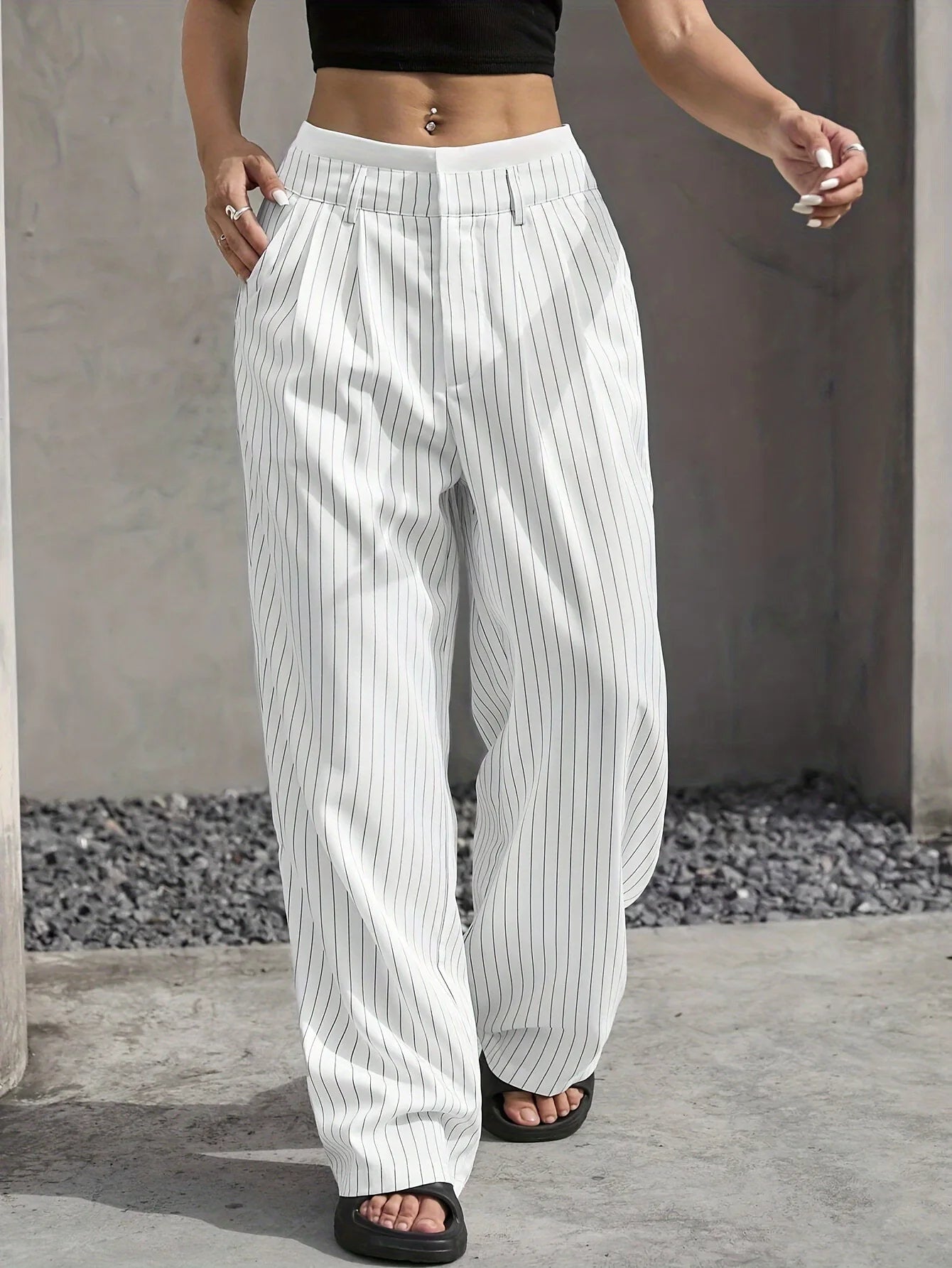 Fashion Pants Women's Stripe Straight Pants 2024 Autumn Winter High Waisted Casual Suit Pants Office Lady Women Trousers Bottoms BAZAARHUBO
