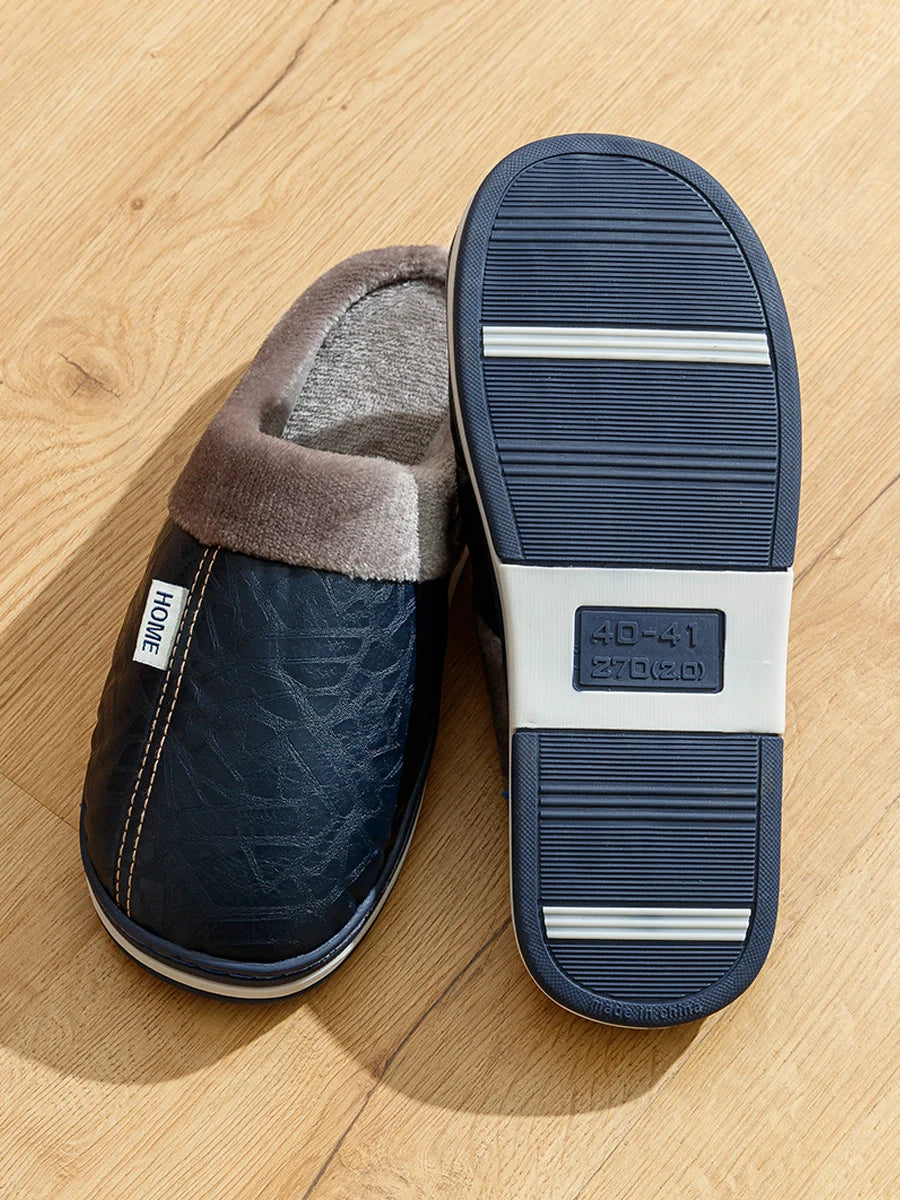 Big Size Men's slippers Winter Indoor Waterproof PU Leather Large Sizes Home Cotton shoes Fur Flat Cotton Bedroom Houseshoes