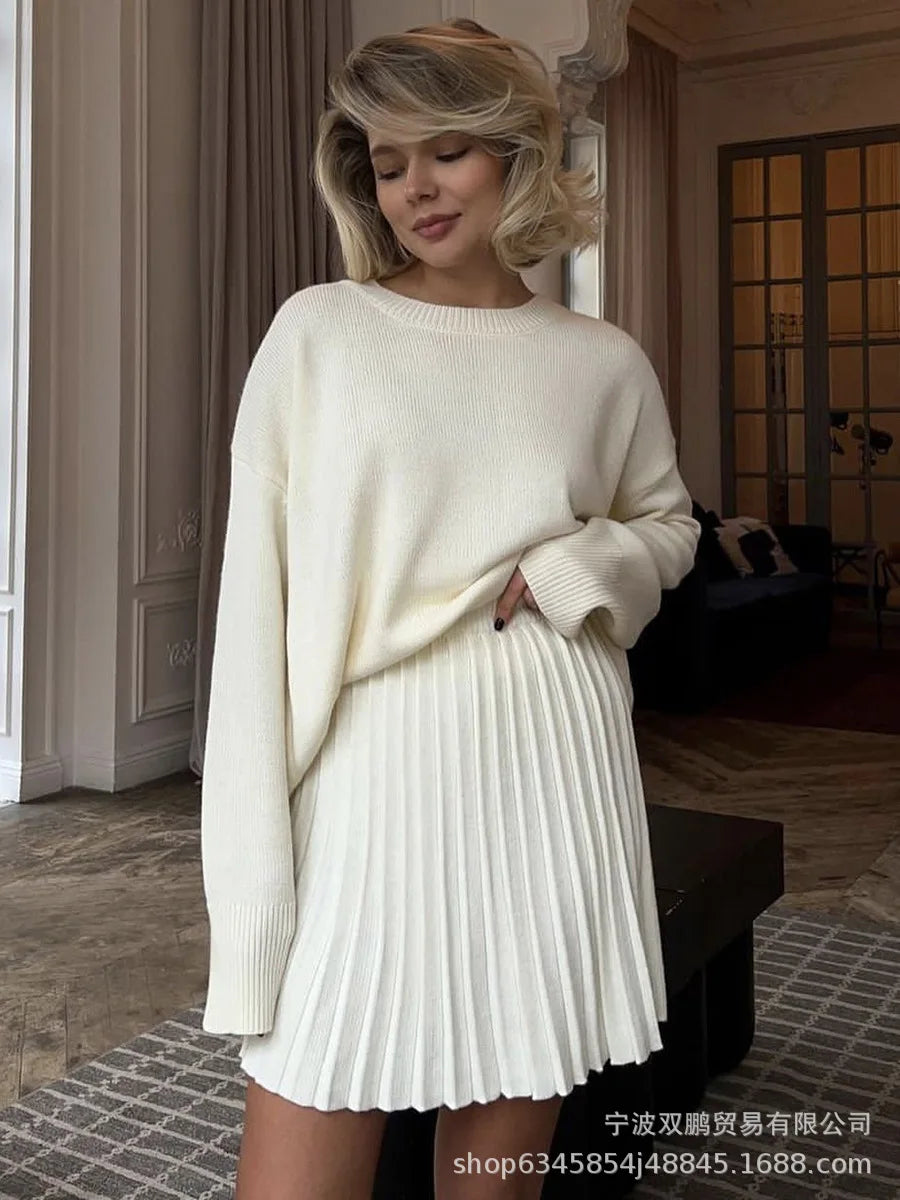 Autumn Solid Color O-neck Sweater Dress Sets Women's Clothing 2024 New Long Sleeves Fishion Style Loose Knitted Short Skirt Set