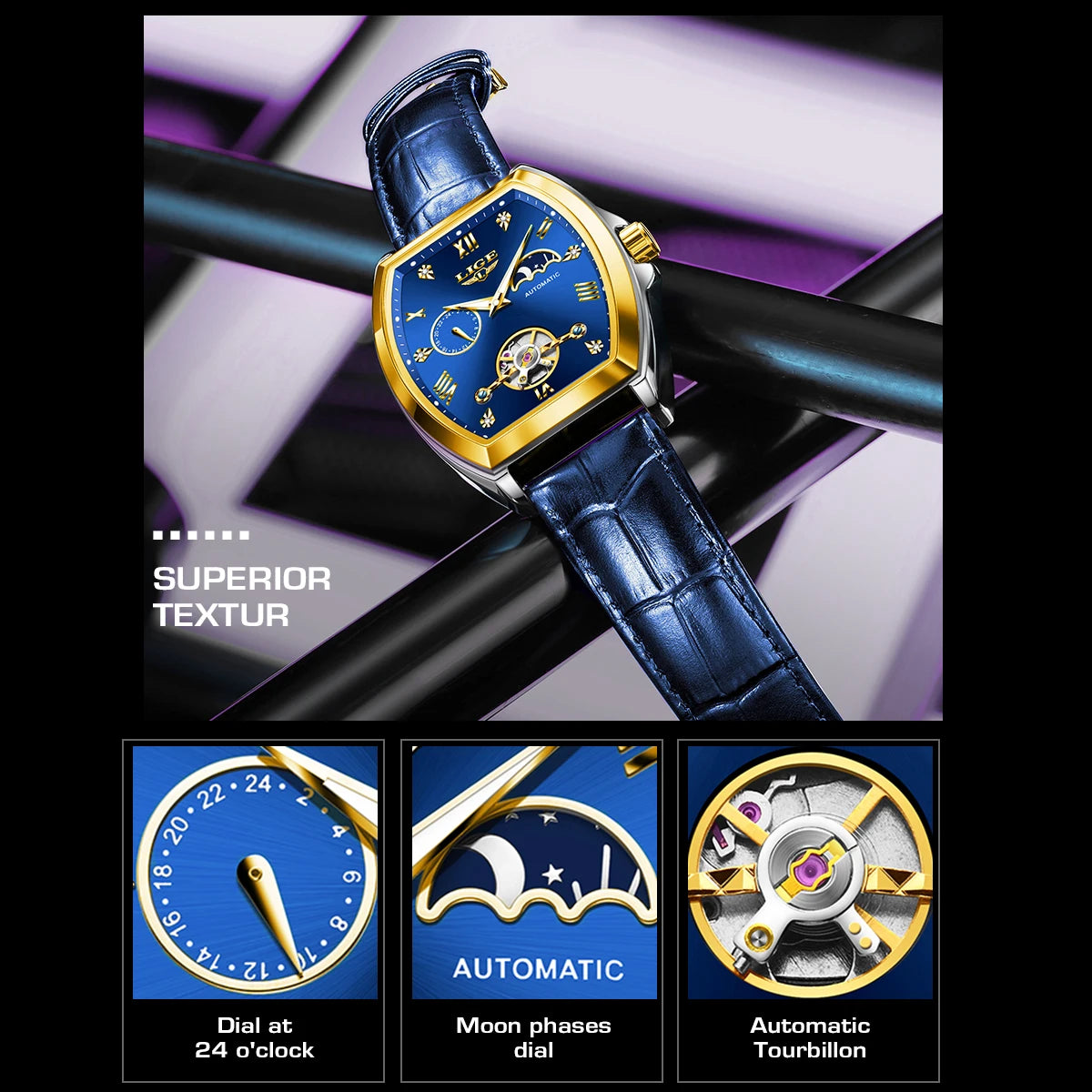 LIGE Luxury Mens Rectangular Dial Mechanical Watches Waterproof Leather Automatic Luminous Watch Business Men relogios masculino