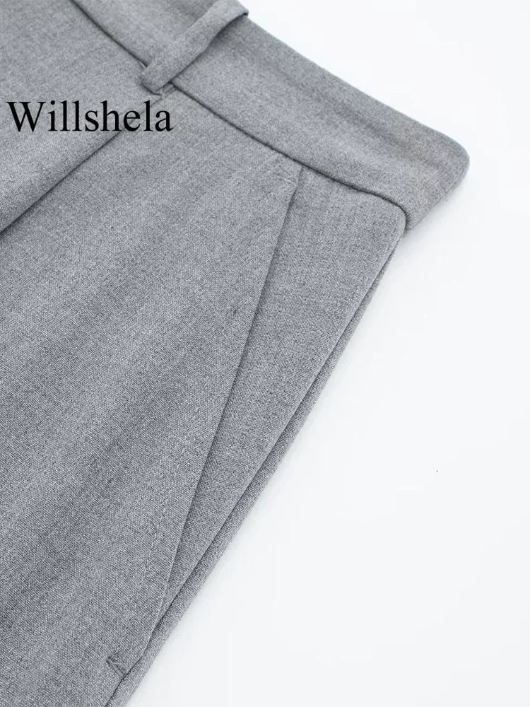 Willshela Women Fashion 2 Piece Set Grey Single Breasted V-Neck Vest & Vintage High Waist Shorts Female Chic Lady Shorts Set