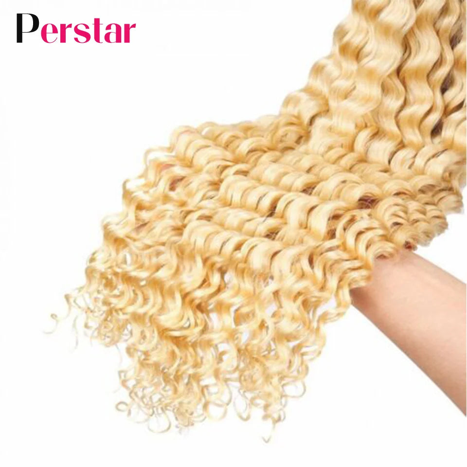 Perstar 613 Blonde Deep Wave Human Hair Bundles Brazilian Hair Extensions 613 Honey Blonde Deep Curly Bundles Human Hair Weave