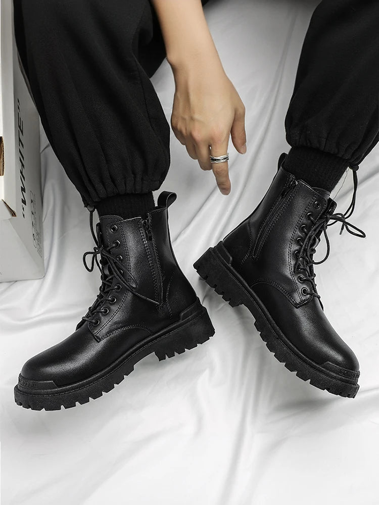 Leather Black Men's Biker Boot Fashion YoungWaterproof Trendy Boots Man Autumn Winter High Top ClassicBasic Shoe