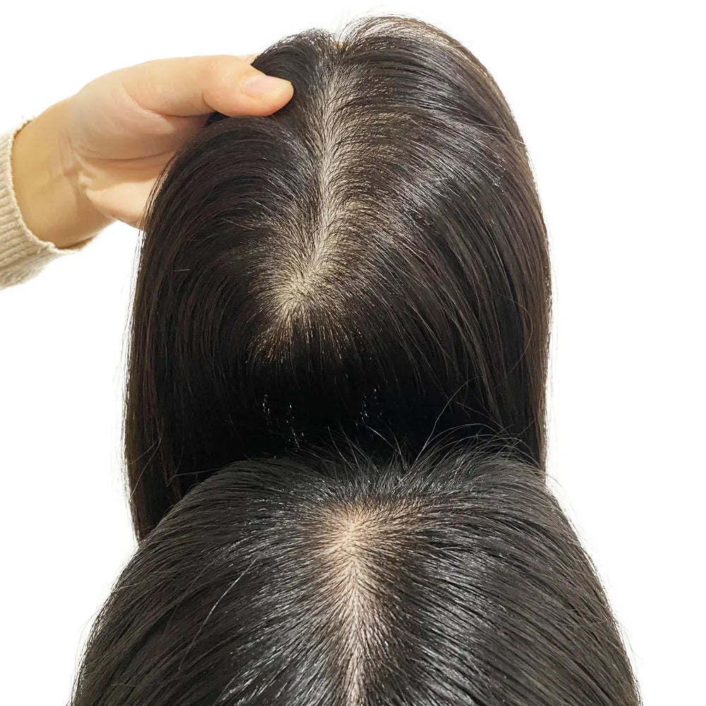 6X6inch Real Human Hair Topper for Women Virgin European Hair Toupee with Clips In Natural Hairline Scalp Base Fine Hairpiece