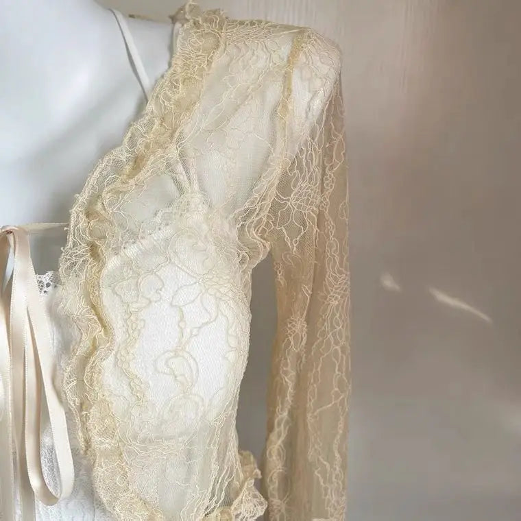 Shirts Women Lace New Summer Sunscreen French Style Cropped Designed Sweet Gentle Elegant Office Lady Sexy Popular Chic Vintage