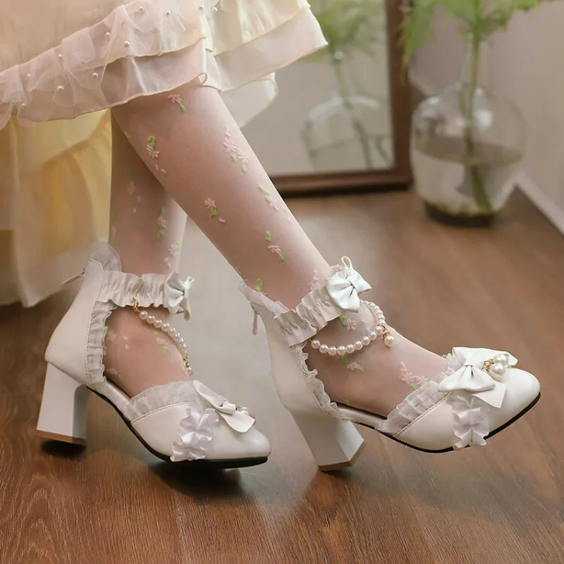 Ochanmeb Sweet Kawaii Girls Lolita Shoes Thick High Heels Cosplay Pumps Bow Knot Pearls Chain Ruffles Lovely Wedding Party Pumps