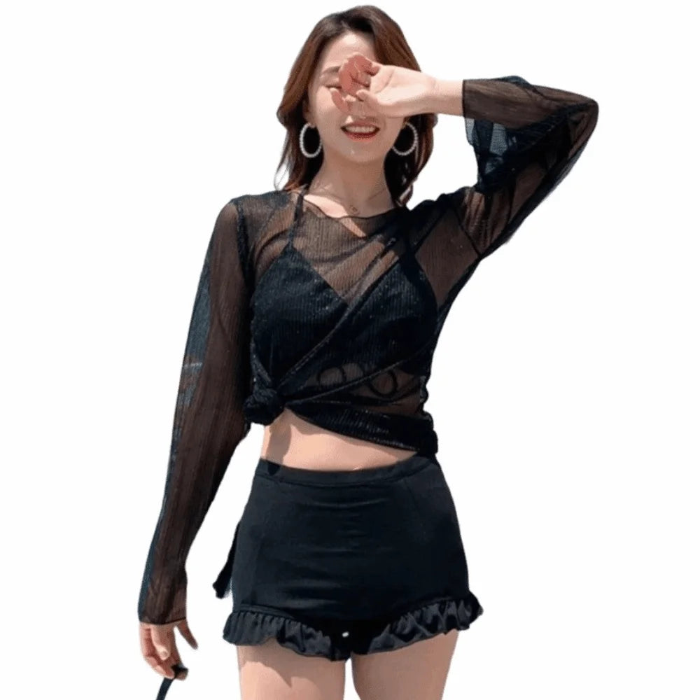 Beachwear Ruffles Bikini Set Transparent Pullover Lace-up Long Sleeve Swimsuit Sun Protection Slim Fit Swimming Suit For Women