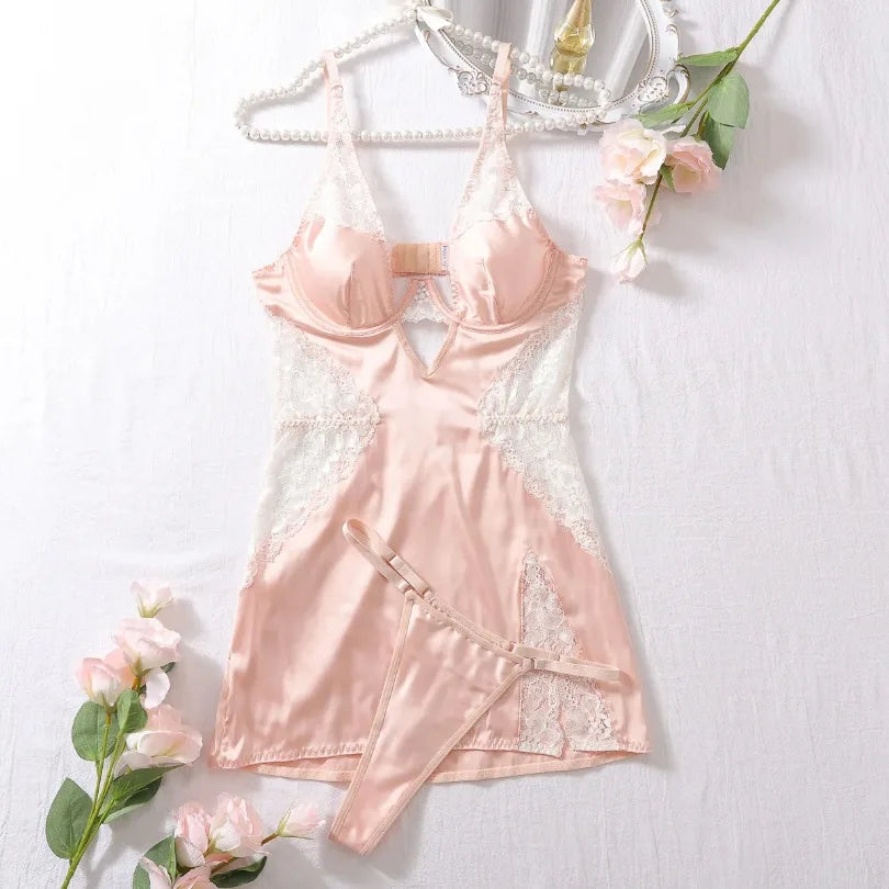 Sexy Deep V Neck Satin Dress Women Sexy Lingerie Lace Patchwork Split Sissy Night Dress Slip Dress Silk Nightwear Платье Женское