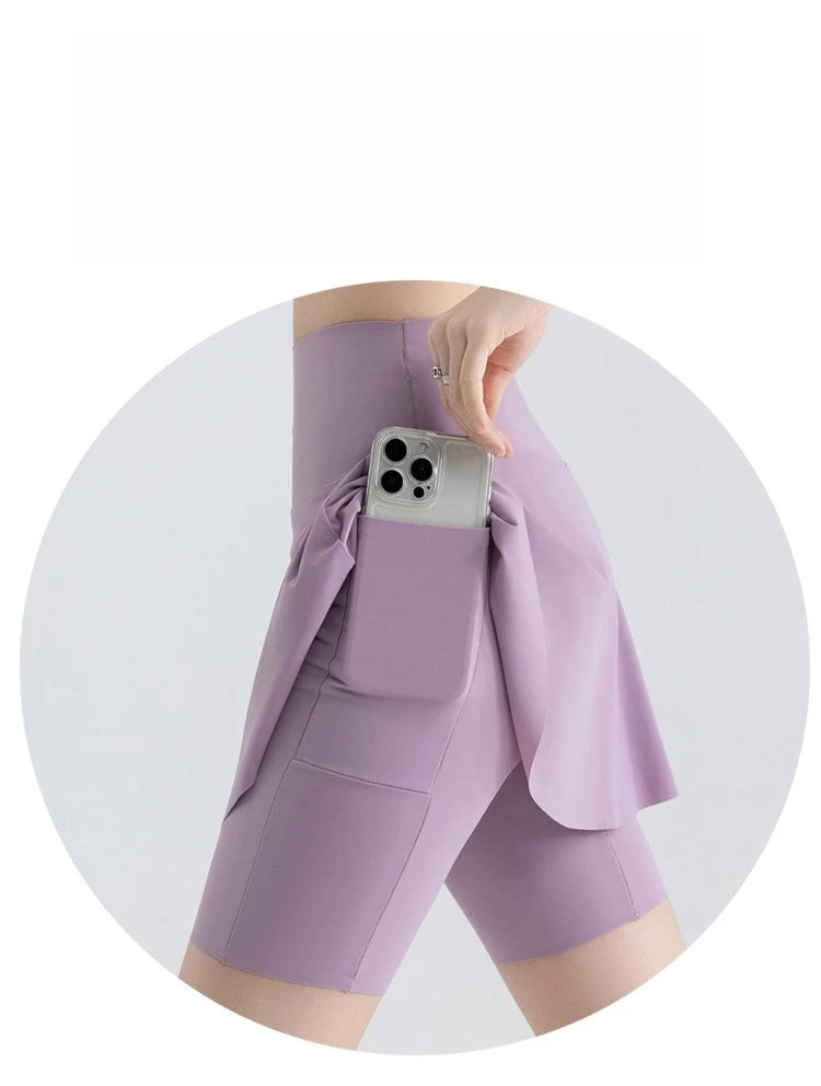 Fake Two Short Skirt Pants with Summer Pockets Crotch Half Skirt for Women High Waisted Oversized Quick Drying Sports Yoga Pants