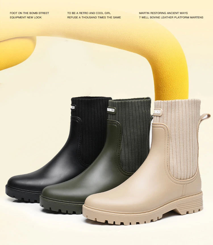 Designer Rain Boots Women's Waterproof Shoes Rainy Ladies Pink Fur Rubber Rainshoes Woman Galoshes Non-slip Pull-on Rain Boots