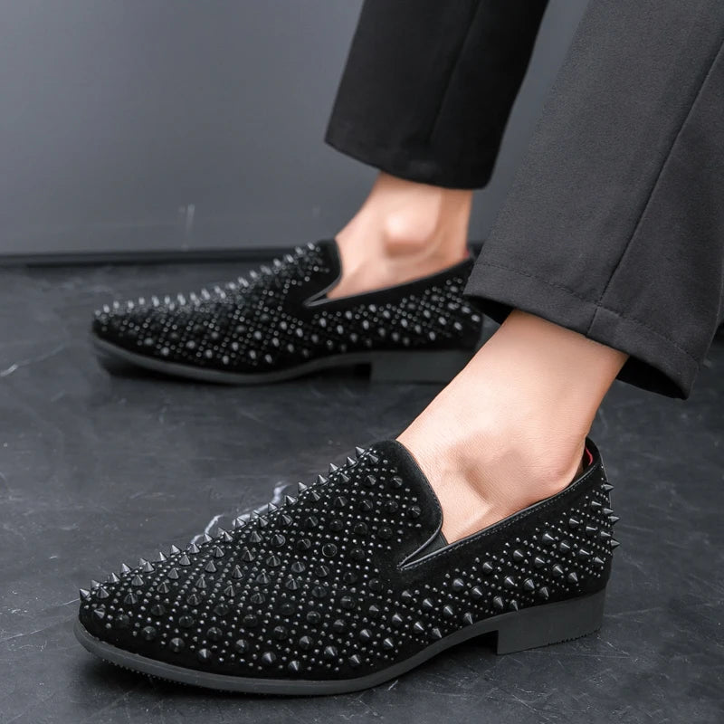 Men's Fashion Suede Leather Rivet Loafers Mens Casual Printed Moccasins Oxfords Wedding Shoes Man Party Driving Flats EU size 47