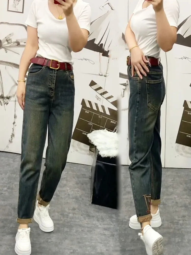 NEW Spring Autumn High Waist Straight Jeans Loose Fit Stretch Haren Denim Pants Ladies Ankle-Length Jeans Pants 2024