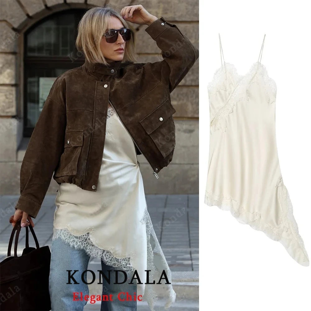 KONDALA Women Sexy High Street Lace Cami Short Dress Asymmetrical Dress 2025 Spring Autumn Fashion Party Dinner Date Mujer Dress