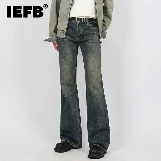 IEFB New Spring Men's Micro Flared Jeans Korean Straight Leg Design Solid Color High Street Fashion Male Denim Pants 9W1407