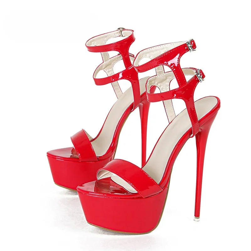 Sexy Red High Heels Platform Sandals For Women Fashion Double Buckle Strap Open Toe Wedding Banquet Shoes Big Size 45 46