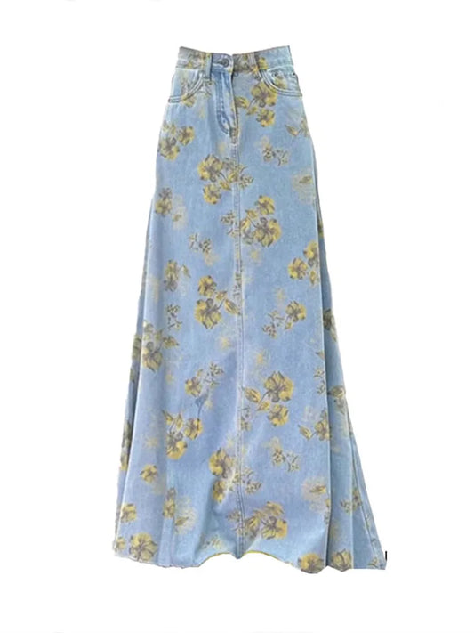 Floral Print Denim Long Skirts Womens Summer Slim Maxi Jeans Skirt Vintage High Waist Women A Line Long Skirt Korean