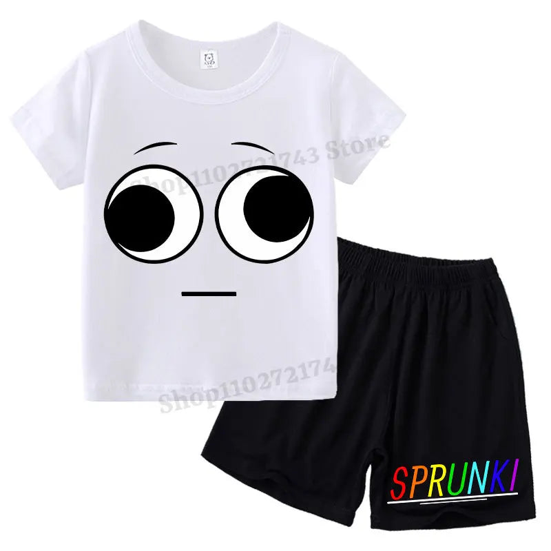 Kids 2 Piece Outfit Sprunki Red Face Character T-Shirt + Shorts Set Boys Girls 100% Cotton Casual Summer Pajamas Set