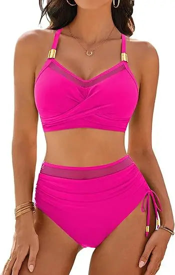 Sexy Two Piece Swimwear Womens High Wasited Bikini Sets Tummy Control Swimsuits Metal Slimming Bathing Suit Modest Beach Outfits