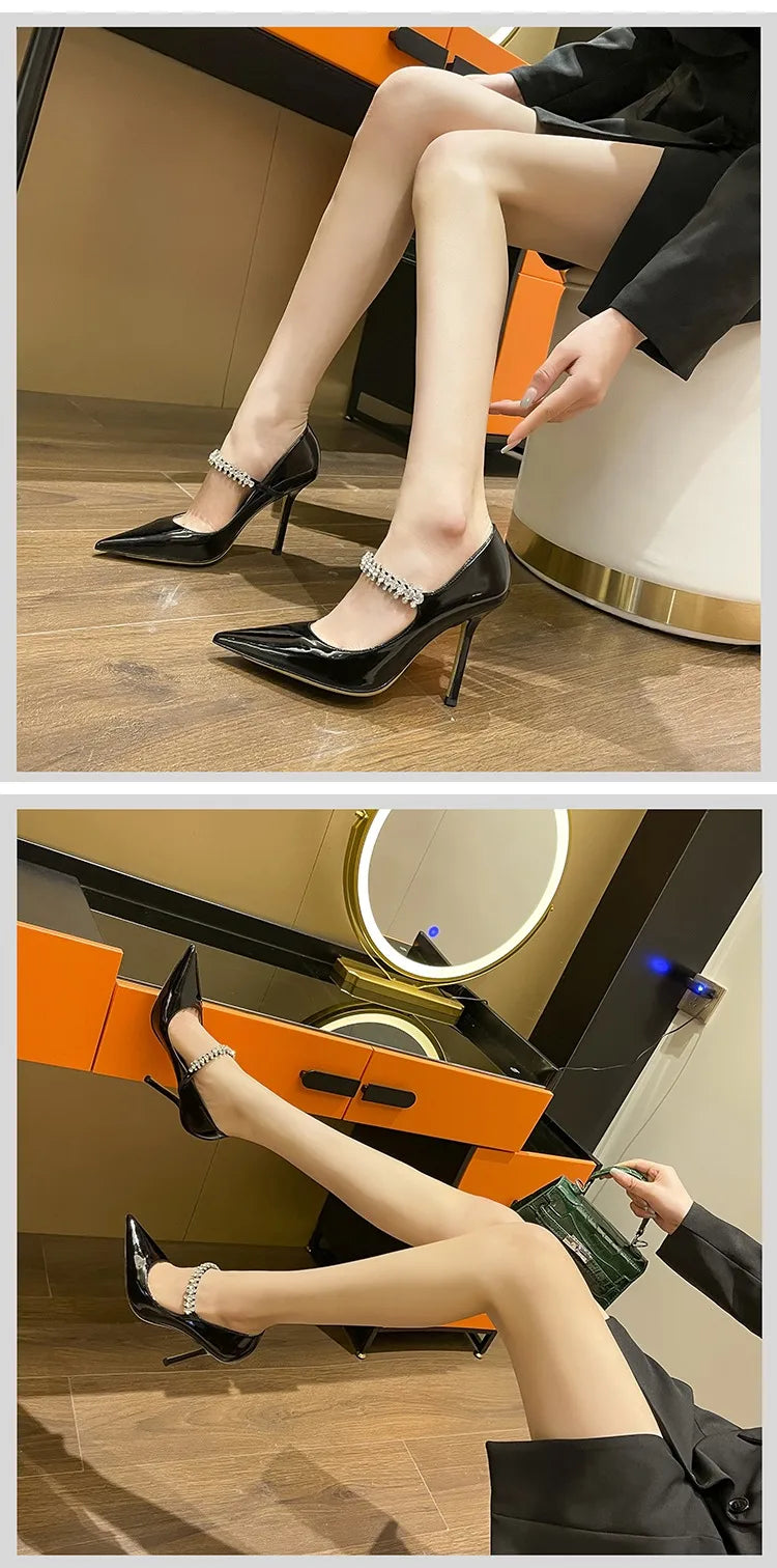 Spring 2025 New French Rhinestone Pointed White High Heels Temperament Patent Leather Shoes Women Wedding Pumps