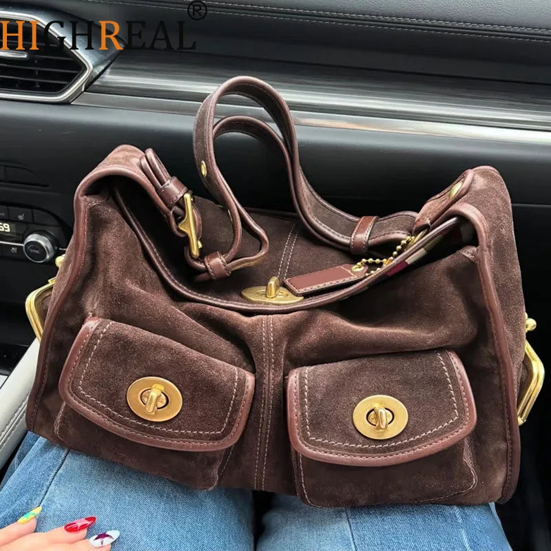 Casual Commuter Large Capacity Suede Pillow Bag Single Shoulder Crossbody Bag Vintage Style Polyester Lining Zipper Closure