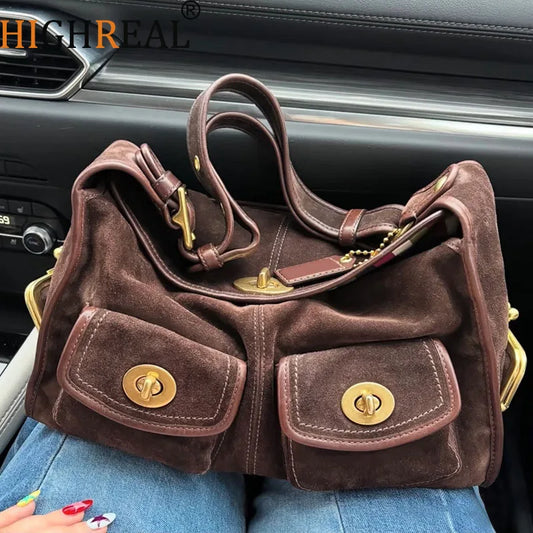 Casual Commuter Large Capacity Suede Pillow Bag Single Shoulder Crossbody Bag Vintage Style Polyester Lining Zipper Closure