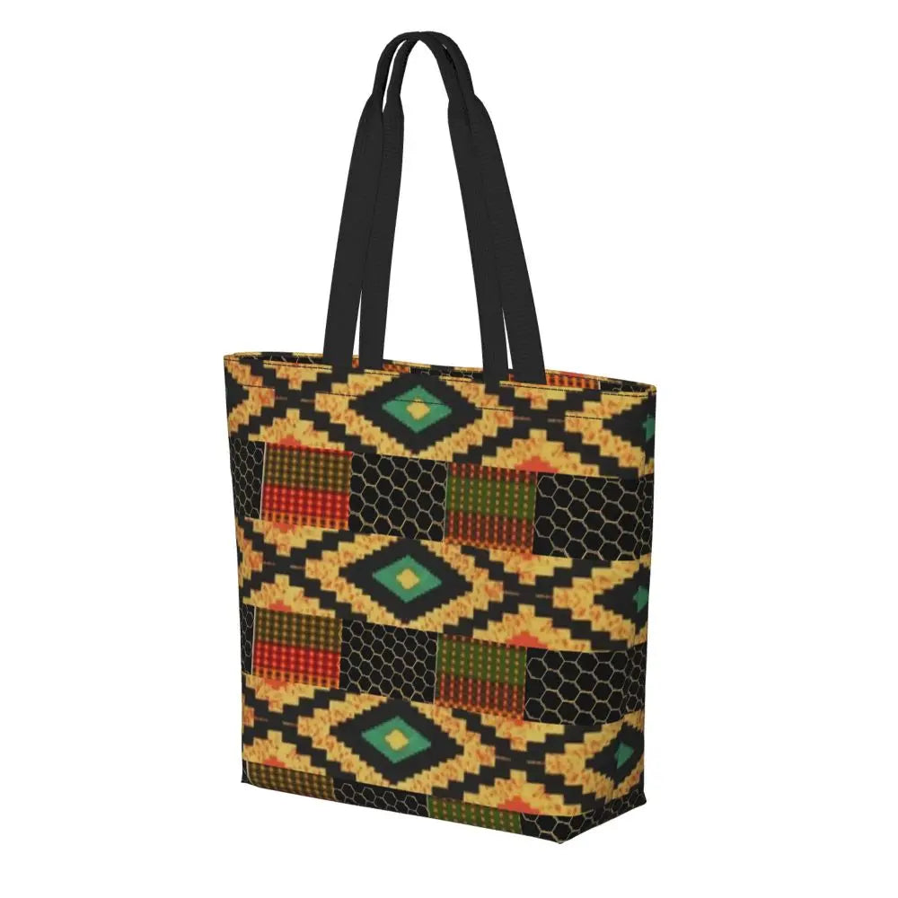 African Ankara Prints Grocery Shopping Tote Bags Women Geometric Ethnic Art Canvas Shoulder Shopper Bags Big Capacity Handbag