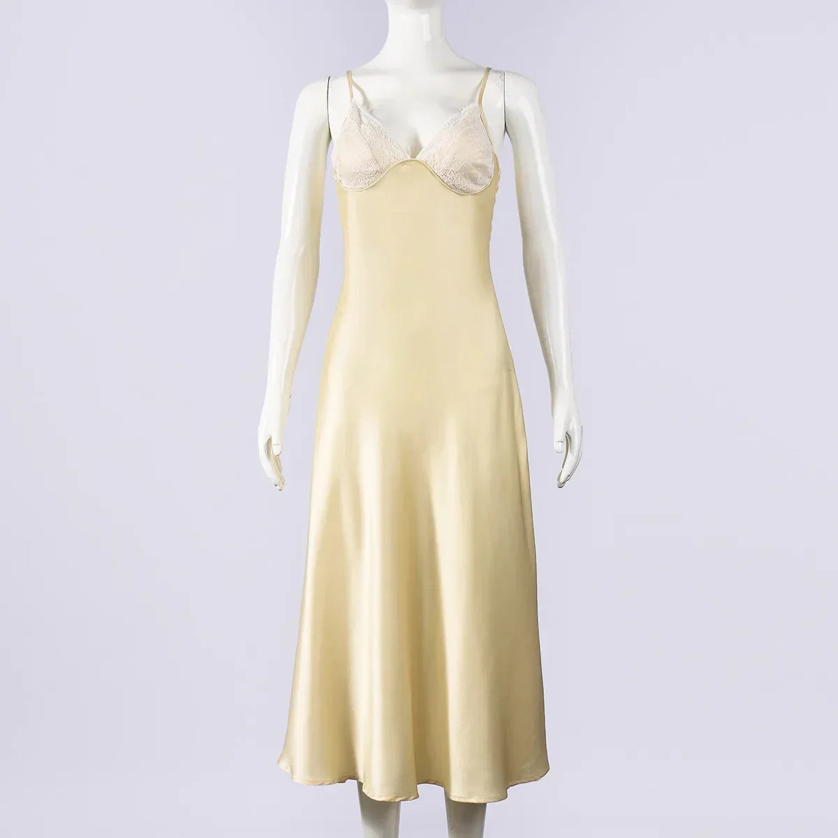 Satin Sexy Lace Spliced Maix Sling Dress Women Sleeveless Backless Yellow Vacation Vestidos 2026 Fashion Summer Lady Dresses﻿