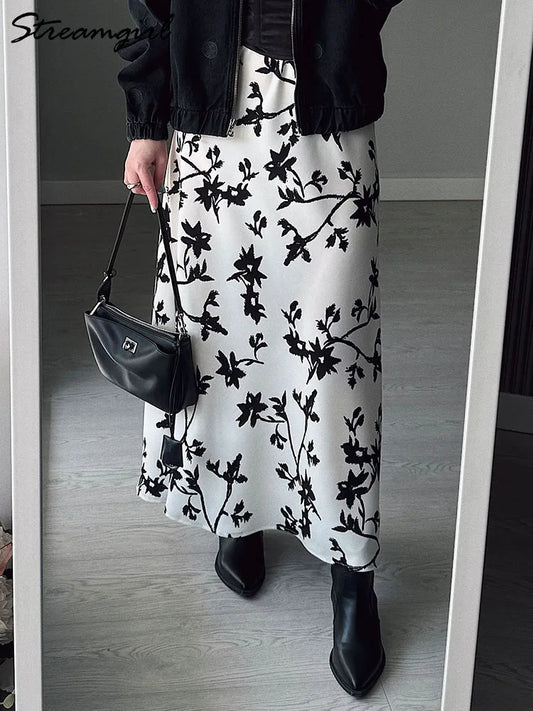 Vintage Printed Skirts Women Long A Line Satin Floral Skirts White Ladies Office Summer Autumn Elegant Women's Silk Skirts 2025