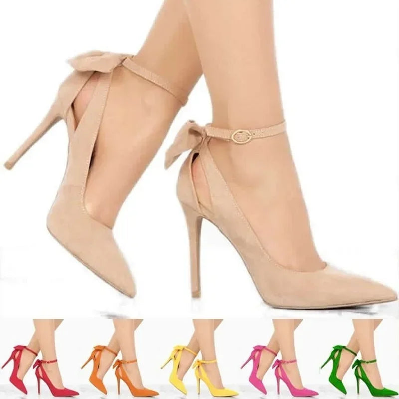 Women's High Heels Bow Tie Back Sexy Stiletto Pumps Pointed Toe Bowknot 11cm Sexy Ankle Strap High Heeled Female Wedding Shoes