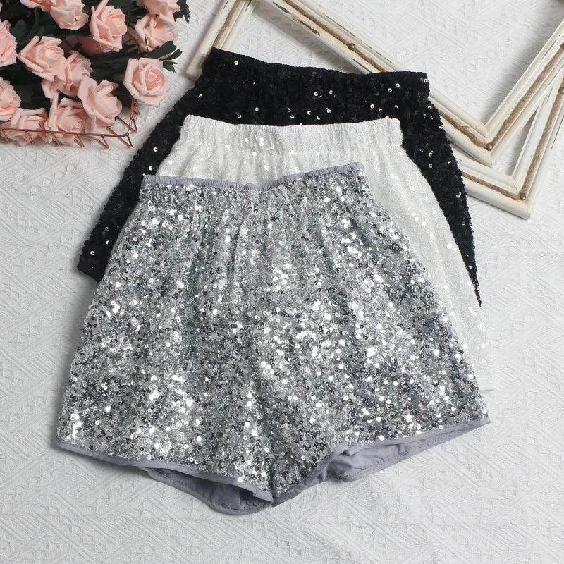 Women's Sexy Sequined Shorts High-waisted Wide-leg Pants Elastic-waisted Casual Hot Pants