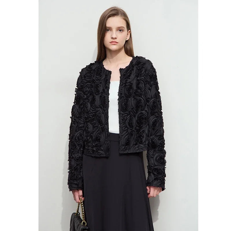 AMII Minimalism Short Jacket Women 2025 Autumn Elegant Floral O Neck Coat