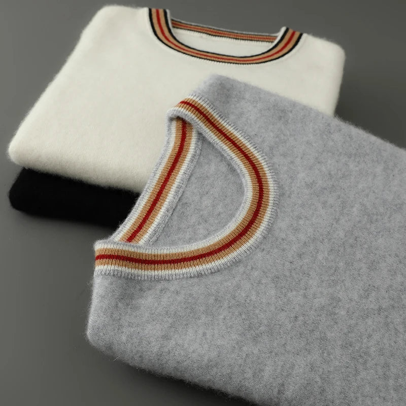 2026 Summer New Fashion O-Neck 100% Wool Knit Short Sleeve Spliced Business Casual T-Shirts Men's Clothing Loose England Tees