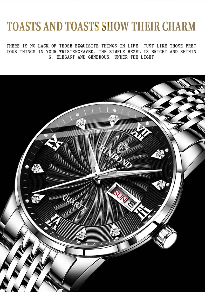 BINBOND Quartz Watches for Men Luxury Luminous Waterproof Precise Auto Date Week Display Men's Watch Casual Sturdy Reloj