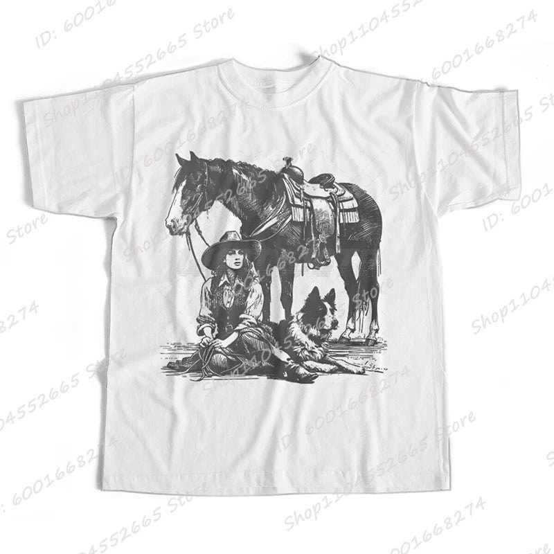 Cowgirls Horse Dog Print T-shirts For Women Summer Short Sleeve Round Collar Tee Shirt Ladies Retro Overszied Tees Tops