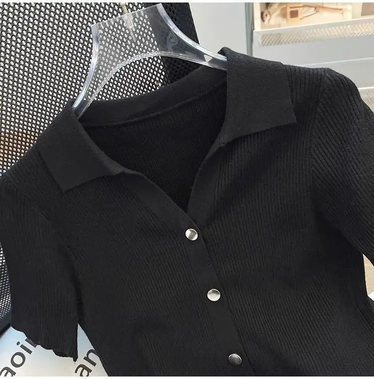 Knitted Polo Shirt  Women's Summer Cardigan Short Sleeve T-Shirt Casual Fashion Short Sleeve Tops Knitwear 2025 Korean Clothing