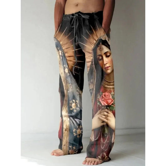 Mens Vintage Renaissance Virgin Mary Printed Casual Pants Art Wide Leg Pants Cool Summer Trousers Streetwear Men Women Clothing
