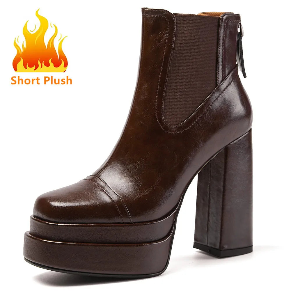 Aucegi Women Genuine Leather Back Zipper Ankle Boots Fashion Square Toe Platform Thick High Heels Party All Match Casual Shoes