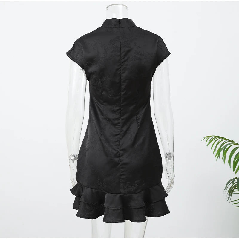 Lady Solid Satin Mini Dress Women Short Sleeve Stand Collar Patchwork Ruffle Draped Dresses Party Dinner Vestido 2026 Elegant