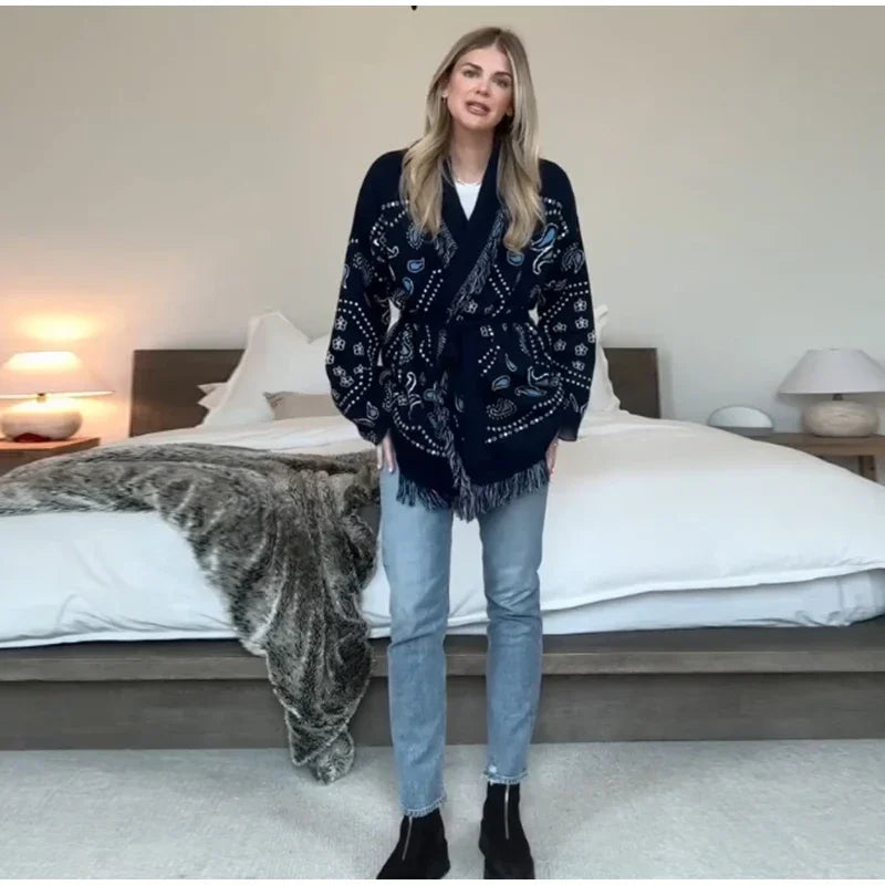 Elegant Print Tassel Cardigan Women Belt V-neck Long Sleeve Loose Knitted Sweaters Female 2025 Autumn Winter Chic Knitwears Lady
