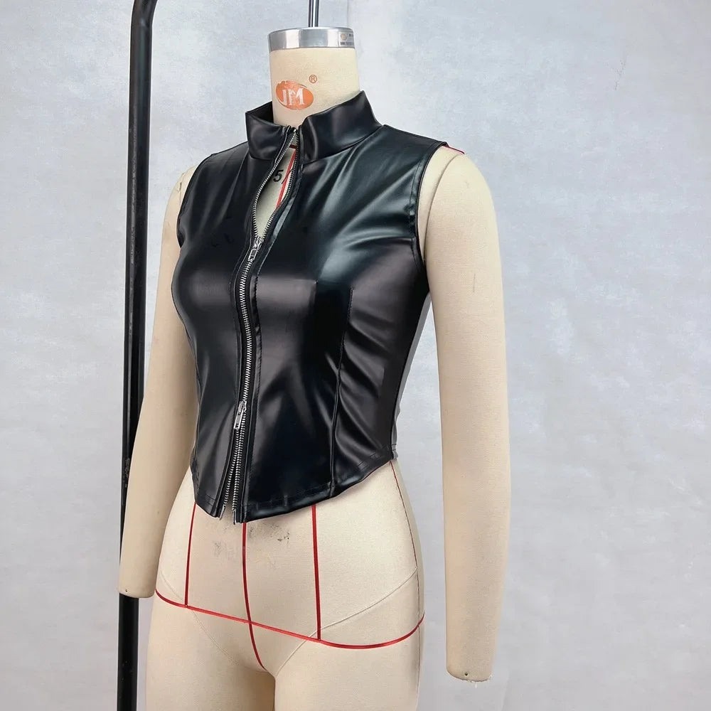 European and American style 2025 autumn new women's clothing fashion stand-up collar sexy backless slim PU small vest women