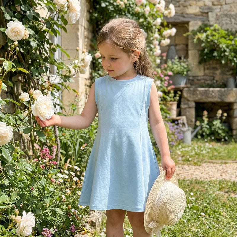 Summer Children Casual Dress Fashion Sky Blue Girls O Neck T Shirt Dresses Kids Outdoor Beach Clothes New Style Sleeveless Dres