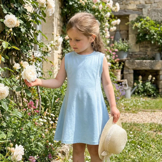 Summer Children Casual Dress Fashion Sky Blue Girls O Neck T Shirt Dresses Kids Outdoor Beach Clothes New Style Sleeveless Dres