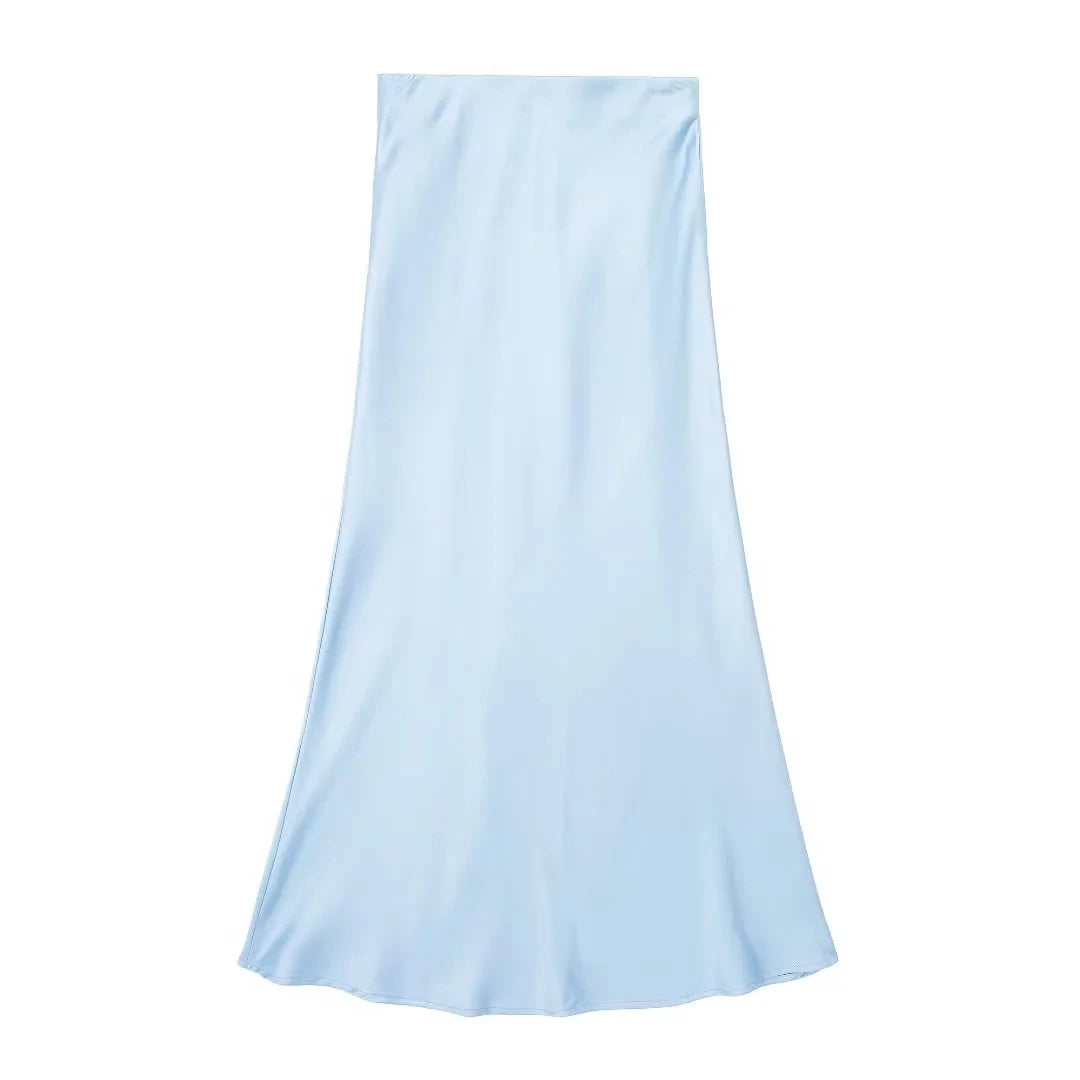 HH Women Fashion Vintage Solid Skirt Satin Slim Elastic Waist Midi Skirts Office Lady Wear Elegant Woman Chic Mermaid Skirt