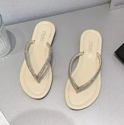 Lady New Luxury Crystal Thongs Shoes Flats Summer Flip Flops For Girls Outdoor Simple Leisure Slippers In Gold Silver 35-43 25cm