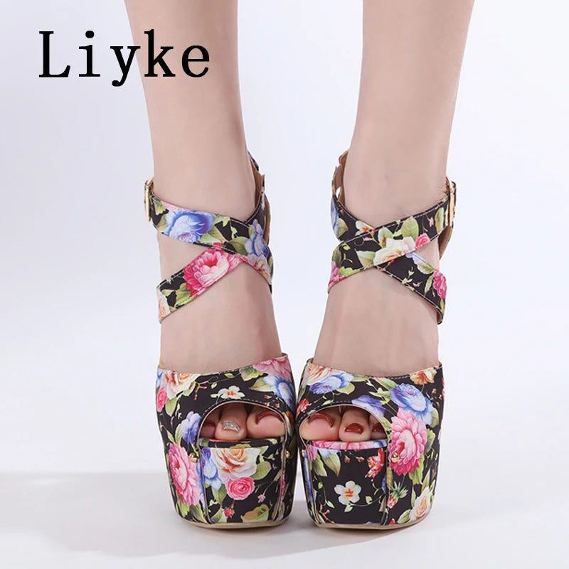 Liyke Runway Sweet Style Sexy Peep Toe 16CM Extreme High Heels Strip Pole Dance Shoes Fashion Print Flowers Platform Women Pumps
