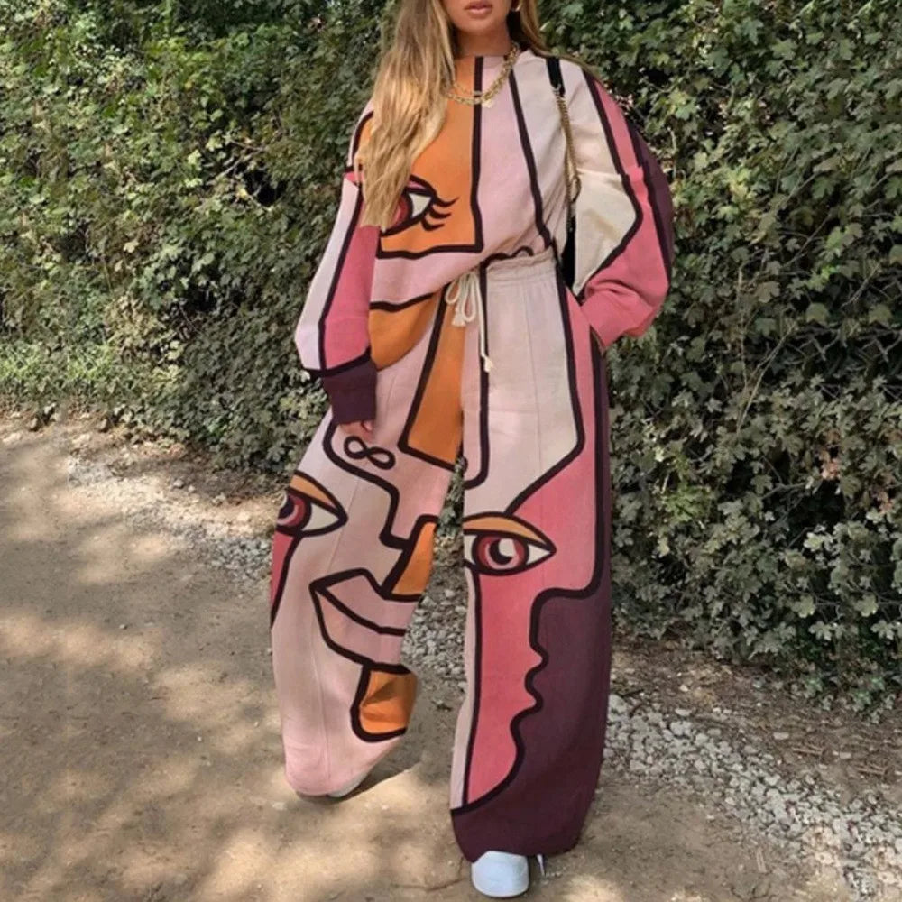 Fashion Print Oversized Tracksuit Suit Women Two Piece Pants Sets Casual Sweatshirt Trousers Streetwear 2 Piece Set Lady Outfit