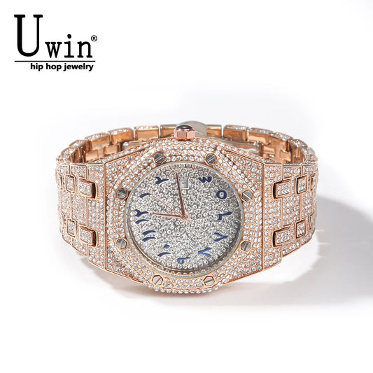 UWIN Hip Hop Stainless Steel Wristwatches for Men Full Iced Out Stones Fashion Luxury Zircon Quartz Square Watches for Gift