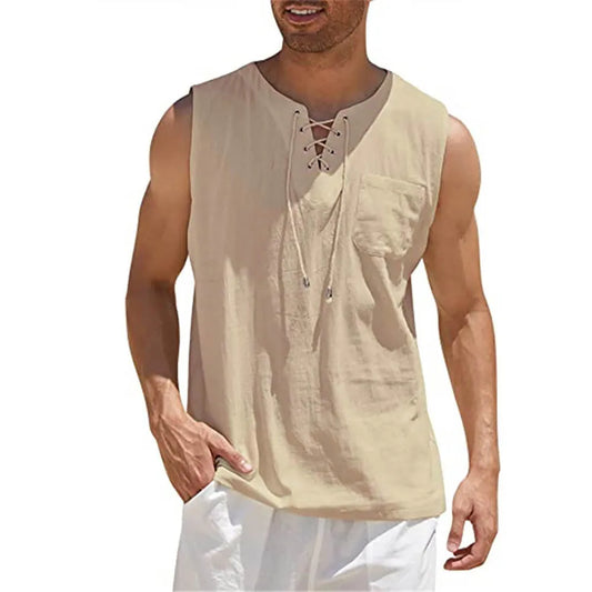 Summer Men's Lightweight Tank Top Breathable Tops Fashion Solid Color Sleeveless Lace Up Vest Shirt Tshirts Clothes