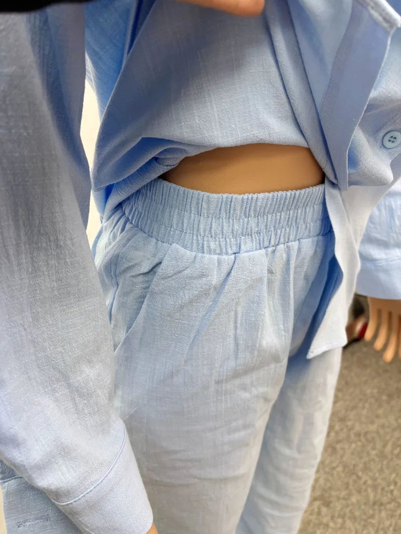 African Style Women 2 Piece Casual Outfits Blue Button Shirt & Wide Leg Pants Set Elegant Daily Streetwear Loose Loungewear